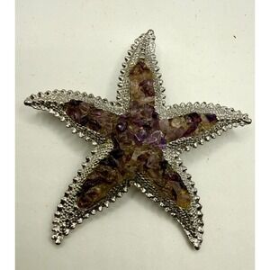 Starfish Brooch Silver Tone With Amethyst Chip Inlay 2" Statement Pin Coastal